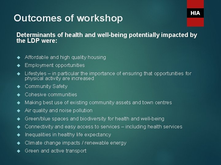 Outcomes of workshop HIA Determinants of health and well-being potentially impacted by the LDP