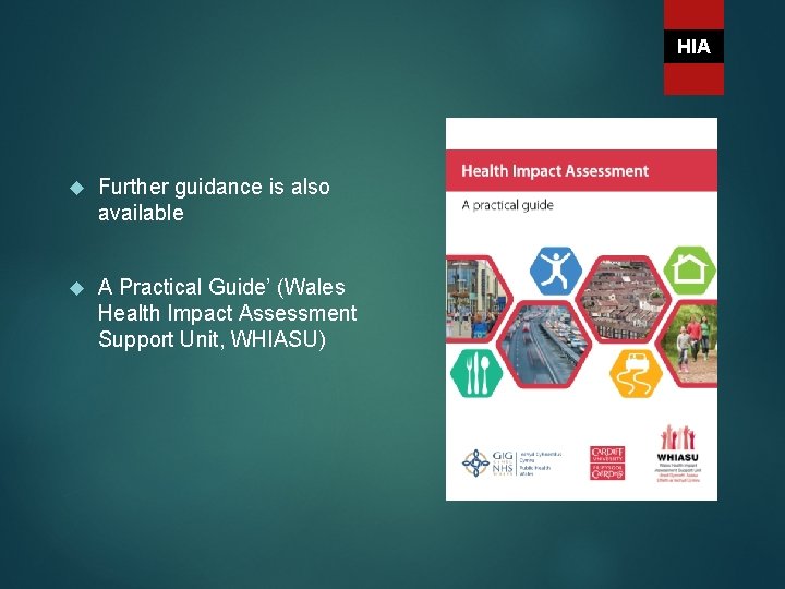 HIA Further guidance is also available A Practical Guide’ (Wales Health Impact Assessment Support