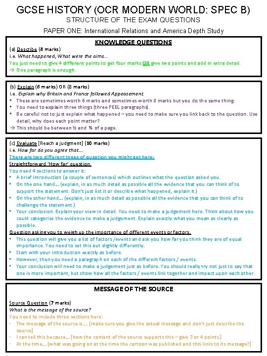 GCSE HISTORY (OCR MODERN WORLD: SPEC B) STRUCTURE OF THE EXAM QUESTIONS PAPER ONE: