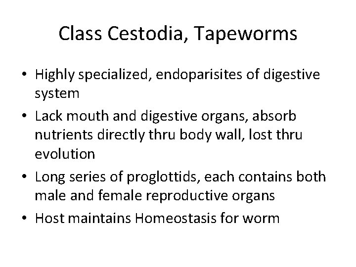 Class Cestodia, Tapeworms • Highly specialized, endoparisites of digestive system • Lack mouth and