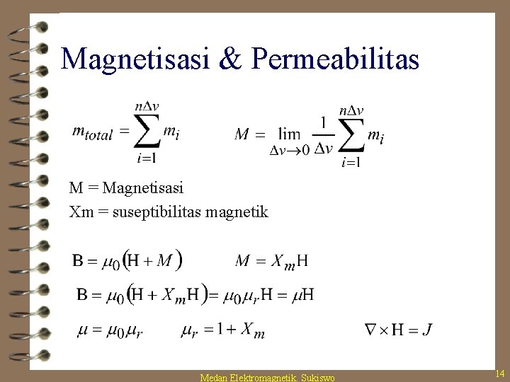 Magnetisasi & Permeabilitas M = Magnetisasi Xm = suseptibilitas magnetik Medan Elektromagnetik. Sukiswo 14