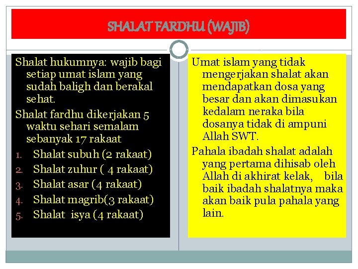 SHALAT FARDHU (WAJIB) Shalat hukumnya: wajib bagi setiap umat islam yang sudah baligh dan