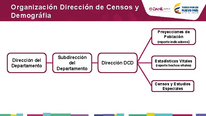 Organización Dirección de Censos y Demográfia Proyecciones de Población (reporte indicadores) Dirección del Departamento