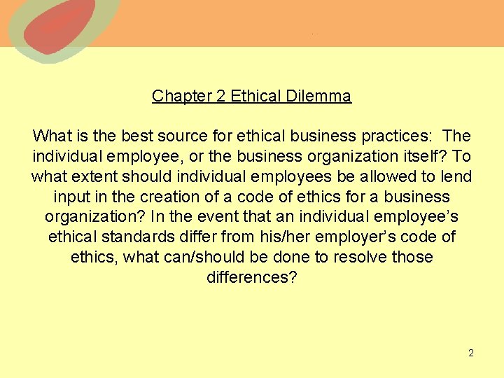 Chapter 2 Ethical Dilemma What is the best source for ethical business practices: The