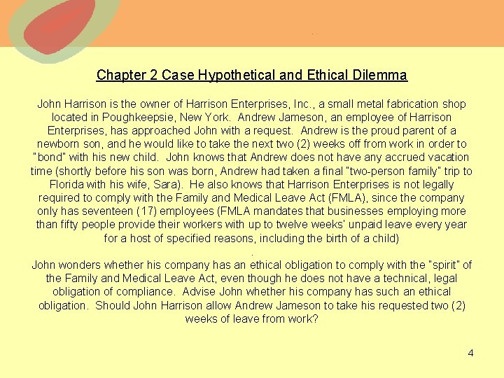 Chapter 2 Case Hypothetical and Ethical Dilemma John Harrison is the owner of Harrison