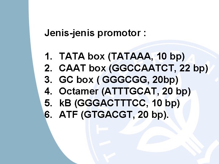 Jenis-jenis promotor : 1. 2. 3. 4. 5. 6. TATA box (TATAAA, 10 bp)