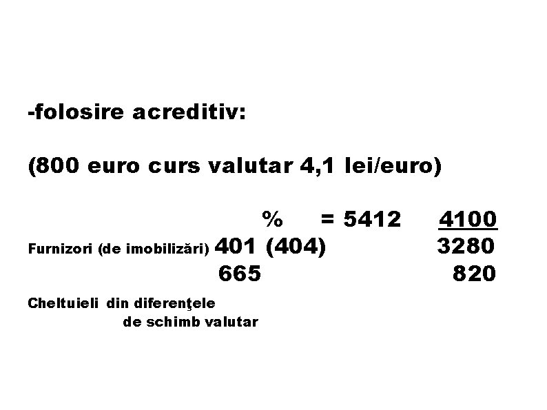 -folosire acreditiv: (800 euro curs valutar 4, 1 lei/euro) % = 5412 Furnizori (de -folosire acreditiv: (800 euro curs valutar 4, 1 lei/euro) % = 5412 Furnizori (de