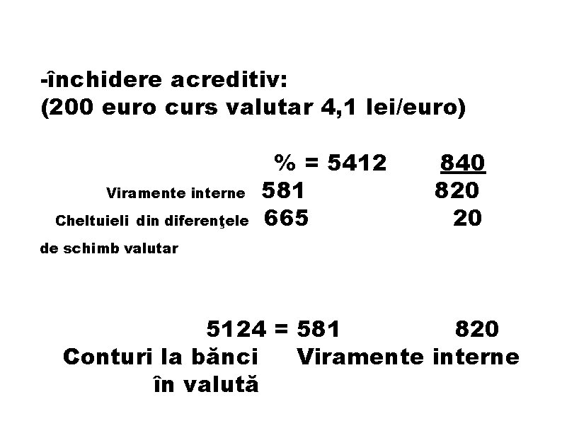-închidere acreditiv: (200 euro curs valutar 4, 1 lei/euro) Viramente interne Cheltuieli din diferenţele -închidere acreditiv: (200 euro curs valutar 4, 1 lei/euro) Viramente interne Cheltuieli din diferenţele