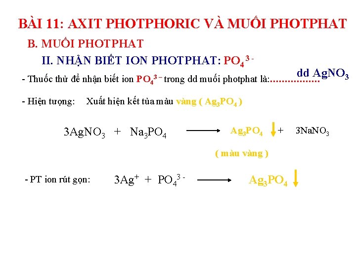 BÀI 11: AXIT PHOTPHORIC VÀ MUỐI PHOTPHAT B. MUỐI PHOTPHAT II. NHẬN BIẾT ION