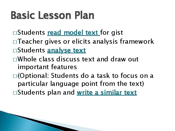 Basic Lesson Plan � Students read model text for gist � Teacher gives or