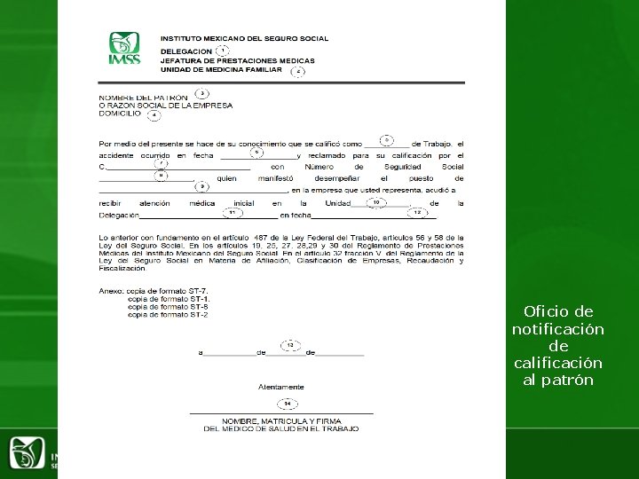 Oficio de notificación de calificación al patrón 
