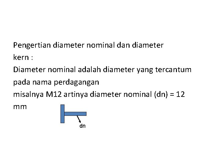 Pengertian diameter nominal dan diameter kern : Diameter nominal adalah diameter yang tercantum pada