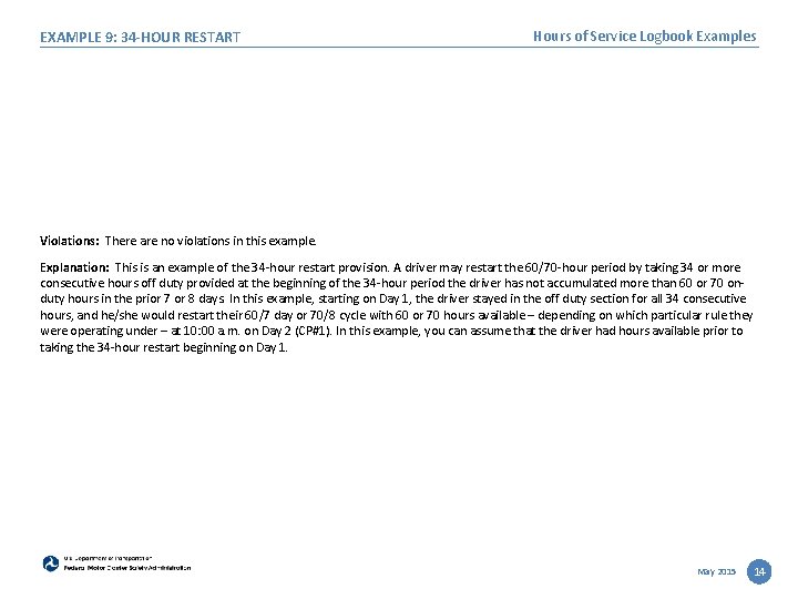 EXAMPLE 9: 34 -HOUR RESTART Hours of Service Logbook Examples Violations: There are no