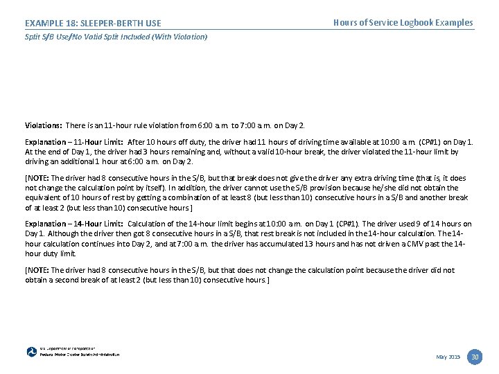 EXAMPLE 18: SLEEPER-BERTH USE Hours of Service Logbook Examples Split S/B Use/No Valid Split