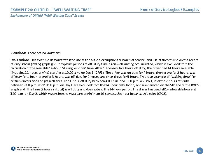 EXAMPLE 24: OILFIELD – “WELL WAITING TIME” Hours of Service Logbook Examples Explanation of