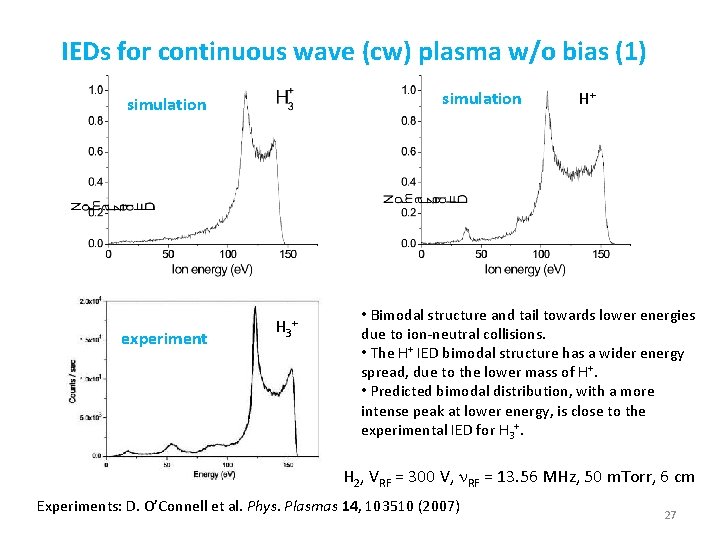 IEDs for continuous wave (cw) plasma w/o bias (1) simulation experiment H 3+ H+ IEDs for continuous wave (cw) plasma w/o bias (1) simulation experiment H 3+ H+