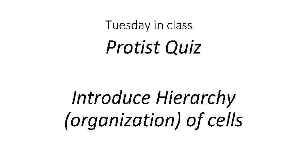 Tuesday in class Protist Quiz Introduce Hierarchy (organization) of cells 
