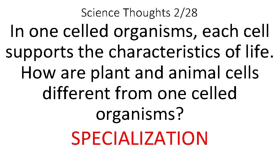 Science Thoughts 2/28 In one celled organisms, each cell supports the characteristics of life.