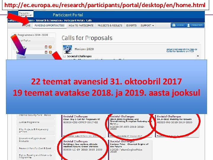 http: //ec. europa. eu/research/participants/portal/desktop/en/home. html 22 teemat avanesid 31. oktoobril 2017 19 teemat avatakse