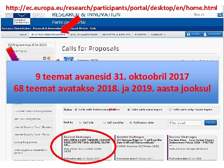 http: //ec. europa. eu/research/participants/portal/desktop/en/home. html 9 teemat avanesid 31. oktoobril 2017 68 teemat avatakse