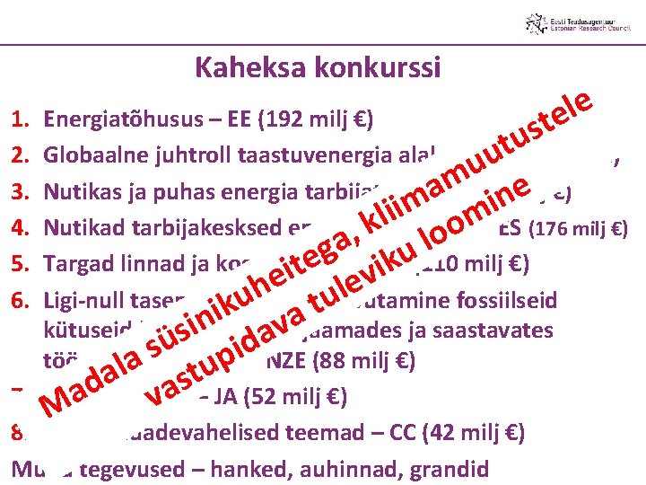 Kaheksa konkurssi 1. 2. 3. 4. 5. 6. e l e t s Energiatõhusus