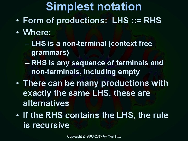 Simplest notation • Form of productions: LHS : : = RHS • Where: –