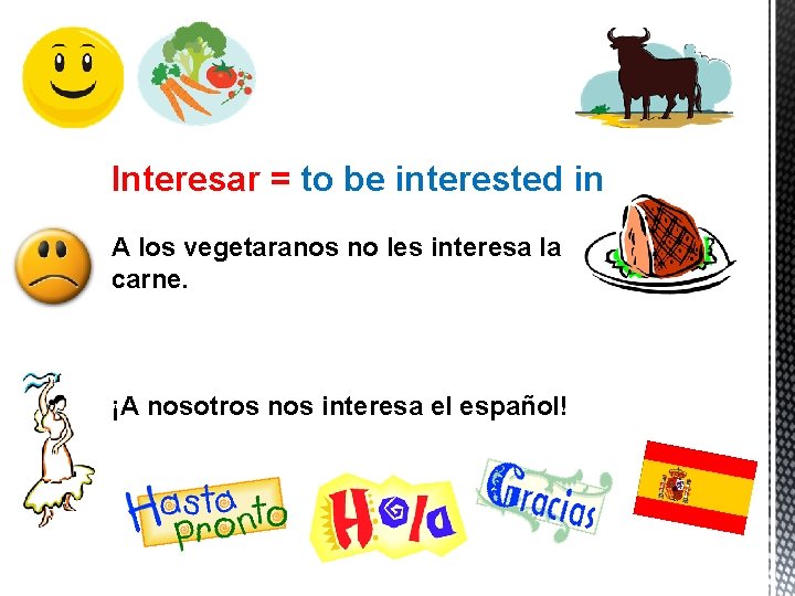 Interesar = to be interested in A los vegetaranos no les interesa la carne.