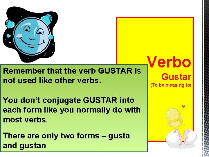 Remember that the verb GUSTAR is not used like other verbs. You don’t conjugate