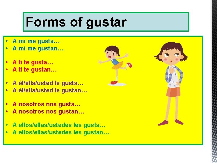 Forms of gustar • A mi me gusta… • A mi me gustan… •