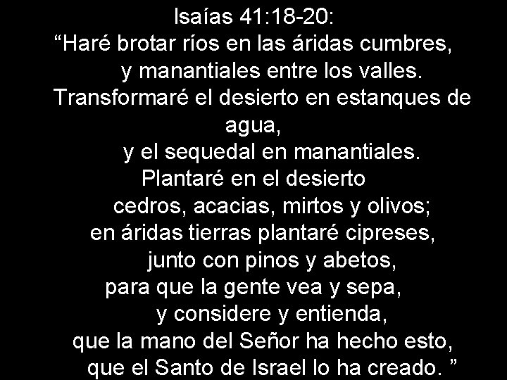 Isaías 41: 18 -20: “Haré brotar ríos en las áridas cumbres, y manantiales entre