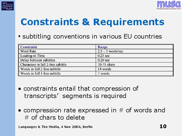 Constraints & Requirements • subtitling conventions in various EU countries • constraints entail that
