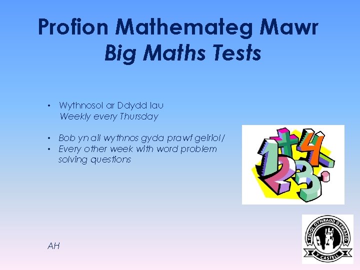 Profion Mathemateg Mawr Big Maths Tests • Wythnosol ar Ddydd Iau Weekly every Thursday