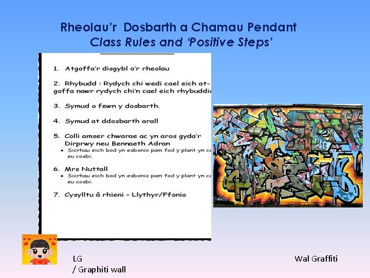 Rheolau’r Dosbarth a Chamau Pendant Class Rules and ‘Positive Steps’ LG / Graphiti wall