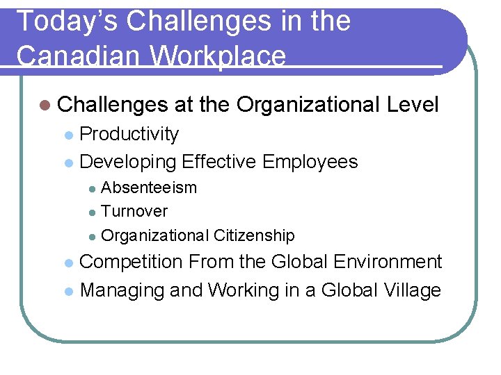 Today’s Challenges in the Canadian Workplace l Challenges at the Organizational Level Productivity l