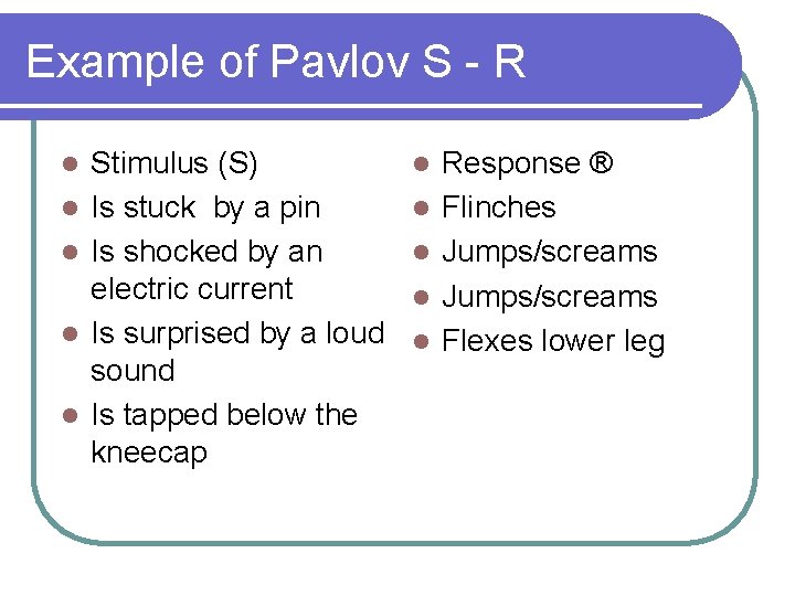 Example of Pavlov S - R l l l Stimulus (S) Is stuck by
