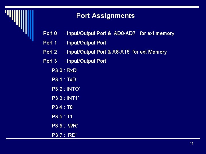 Port Assignments Port 0 : Input/Output Port & AD 0 -AD 7 for ext