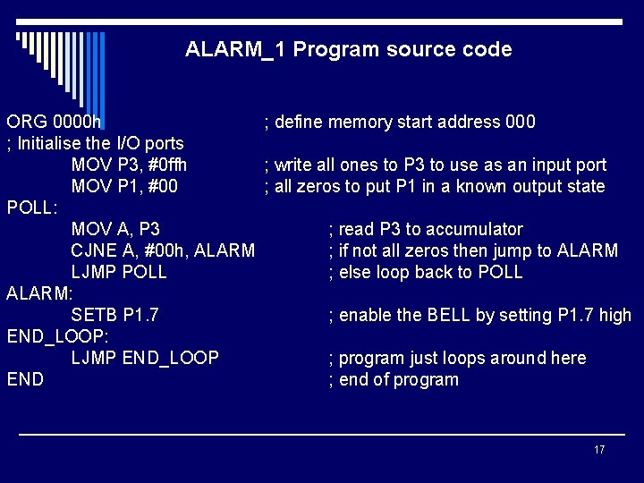 ALARM_1 Program source code ORG 0000 h ; define memory start address 000 ;