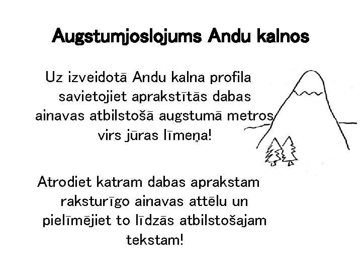 Augstumjoslojums Andu kalnos Uz izveidotā Andu kalna profila savietojiet aprakstītās dabas ainavas atbilstošā augstumā