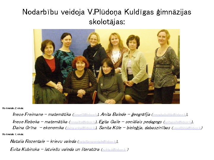 Nodarbību veidoja V. Plūdoņa Kuldīgas ģimnāzijas skolotājas: No kreisās 2. rinda: Inese Freimane -