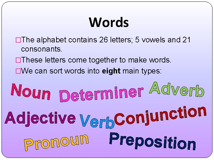 Words �The alphabet contains 26 letters; 5 vowels and 21 consonants. �These letters come