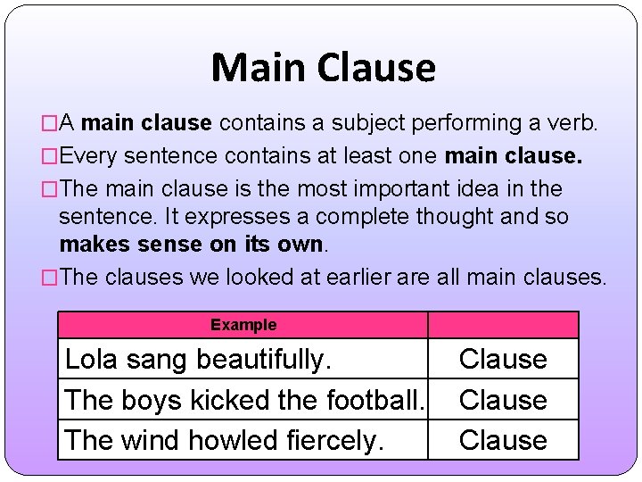 Main Clause �A main clause contains a subject performing a verb. �Every sentence contains
