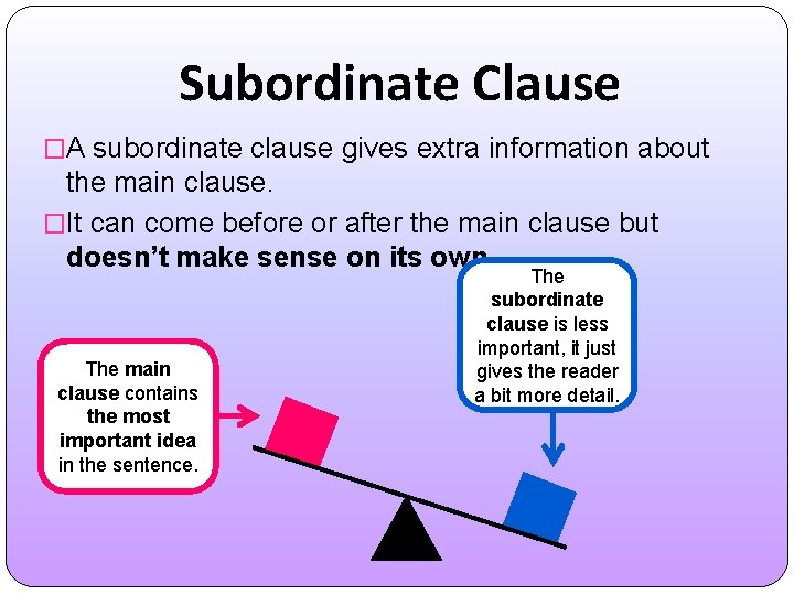 Subordinate Clause �A subordinate clause gives extra information about the main clause. �It can