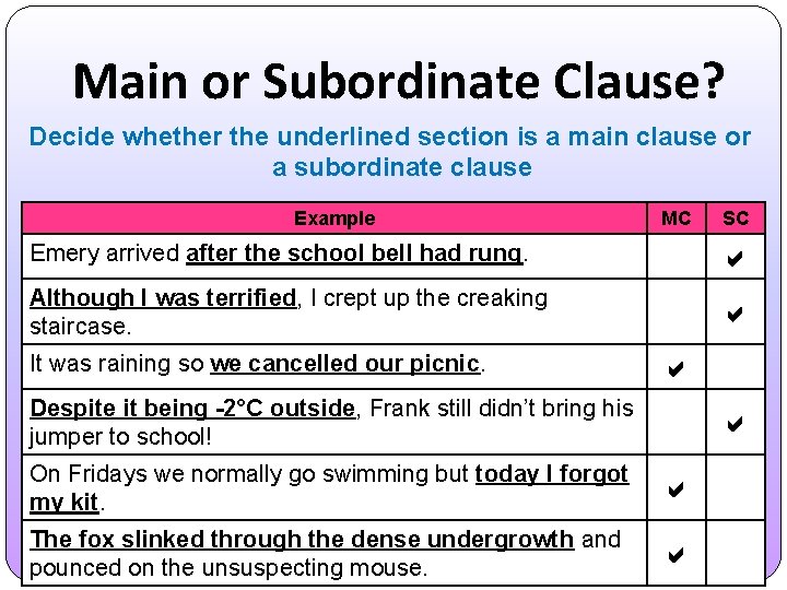 Main or Subordinate Clause? Decide whether the underlined section is a main clause or