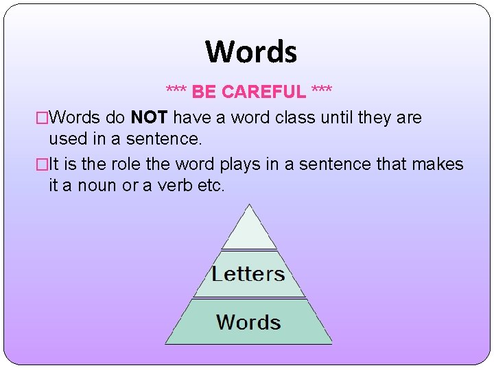 Words *** BE CAREFUL *** �Words do NOT have a word class until they