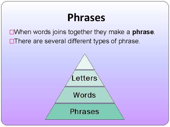 Phrases �When words joins together they make a phrase. �There are several different types
