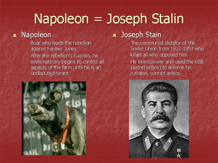 Napoleon = Joseph Stalin n Napoleon n n Boar who leads the rebellion against