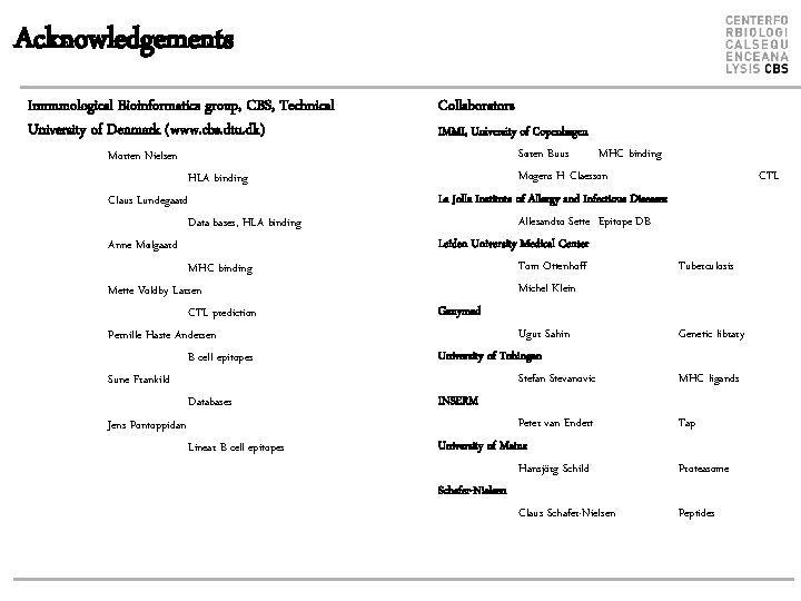 Acknowledgements Immunological Bioinformatics group, CBS, Technical University of Denmark (www. cbs. dtu. dk) Morten