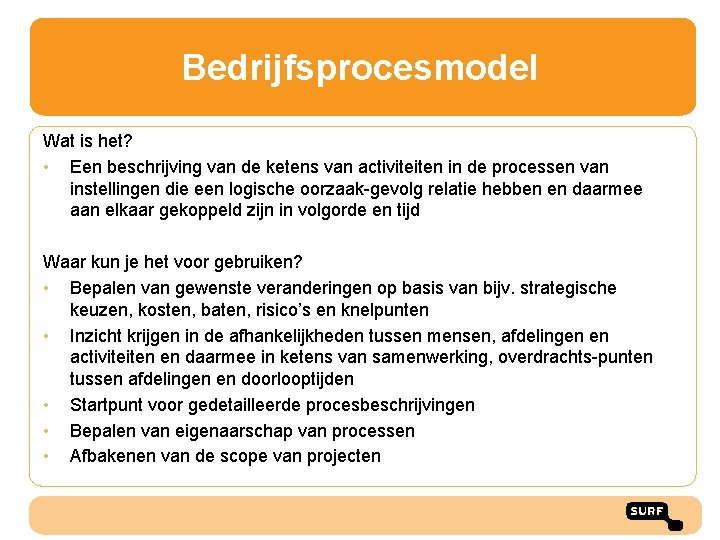 Bedrijfsprocesmodel Wat is het? • Een beschrijving van de ketens van activiteiten in de