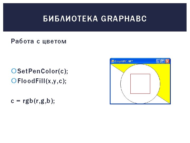 БИБЛИОТЕКА GRAPHABC Работа с цветом Set. Pen. Color(c); Flood. Fill(x, y, c); с =