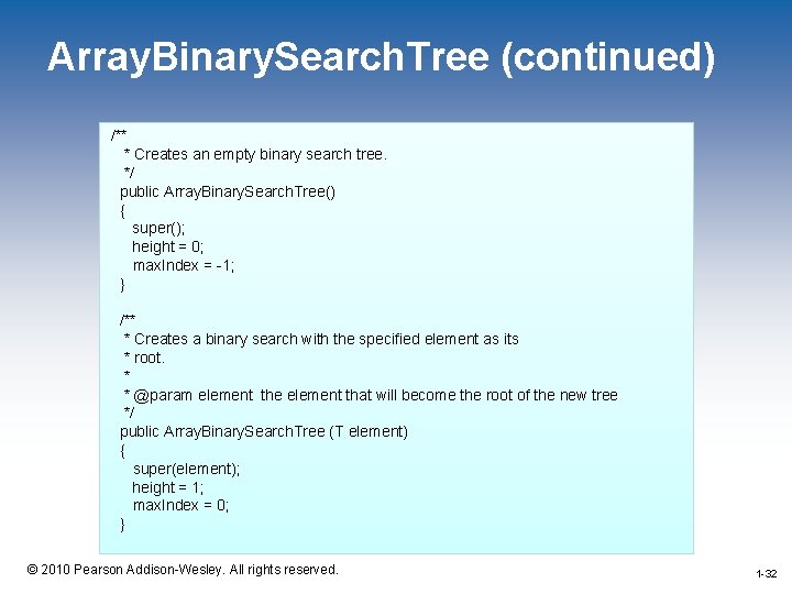 Array. Binary. Search. Tree (continued) /** * Creates an empty binary search tree. */
